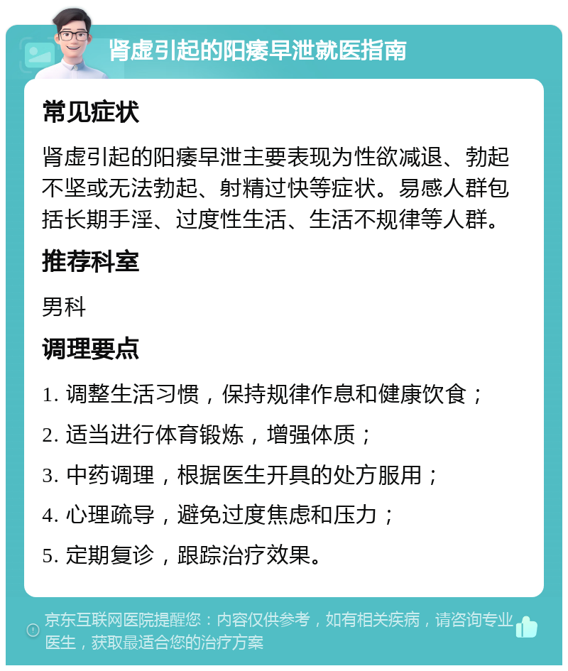 肾虚引起的阳痿早泄就医指南 常见症状 肾虚引起的阳痿早泄主要表现为性欲减退、勃起不坚或无法勃起、射精过快等症状。易感人群包括长期手淫、过度性生活、生活不规律等人群。 推荐科室 男科 调理要点 1. 调整生活习惯，保持规律作息和健康饮食； 2. 适当进行体育锻炼，增强体质； 3. 中药调理，根据医生开具的处方服用； 4. 心理疏导，避免过度焦虑和压力； 5. 定期复诊，跟踪治疗效果。