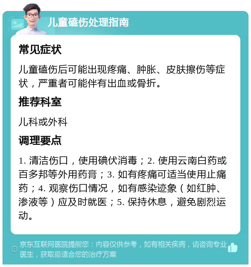 儿童磕伤处理指南 常见症状 儿童磕伤后可能出现疼痛、肿胀、皮肤擦伤等症状，严重者可能伴有出血或骨折。 推荐科室 儿科或外科 调理要点 1. 清洁伤口，使用碘伏消毒；2. 使用云南白药或百多邦等外用药膏；3. 如有疼痛可适当使用止痛药；4. 观察伤口情况，如有感染迹象（如红肿、渗液等）应及时就医；5. 保持休息，避免剧烈运动。