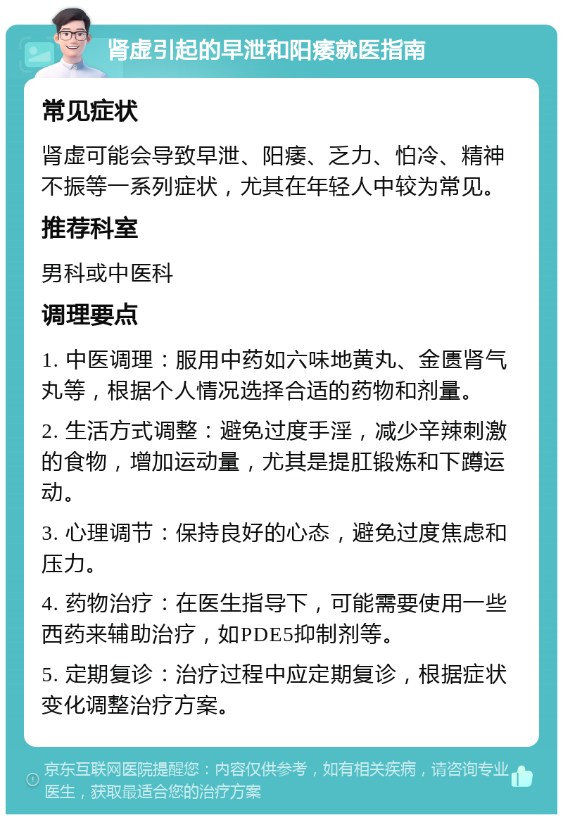 肾虚引起的早泄和阳痿就医指南 常见症状 肾虚可能会导致早泄、阳痿、乏力、怕冷、精神不振等一系列症状，尤其在年轻人中较为常见。 推荐科室 男科或中医科 调理要点 1. 中医调理：服用中药如六味地黄丸、金匮肾气丸等，根据个人情况选择合适的药物和剂量。 2. 生活方式调整：避免过度手淫，减少辛辣刺激的食物，增加运动量，尤其是提肛锻炼和下蹲运动。 3. 心理调节：保持良好的心态，避免过度焦虑和压力。 4. 药物治疗：在医生指导下，可能需要使用一些西药来辅助治疗，如PDE5抑制剂等。 5. 定期复诊：治疗过程中应定期复诊，根据症状变化调整治疗方案。