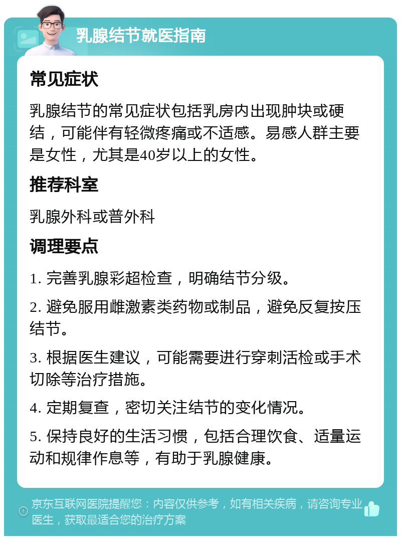 乳腺结节就医指南 常见症状 乳腺结节的常见症状包括乳房内出现肿块或硬结，可能伴有轻微疼痛或不适感。易感人群主要是女性，尤其是40岁以上的女性。 推荐科室 乳腺外科或普外科 调理要点 1. 完善乳腺彩超检查，明确结节分级。 2. 避免服用雌激素类药物或制品，避免反复按压结节。 3. 根据医生建议，可能需要进行穿刺活检或手术切除等治疗措施。 4. 定期复查，密切关注结节的变化情况。 5. 保持良好的生活习惯，包括合理饮食、适量运动和规律作息等，有助于乳腺健康。