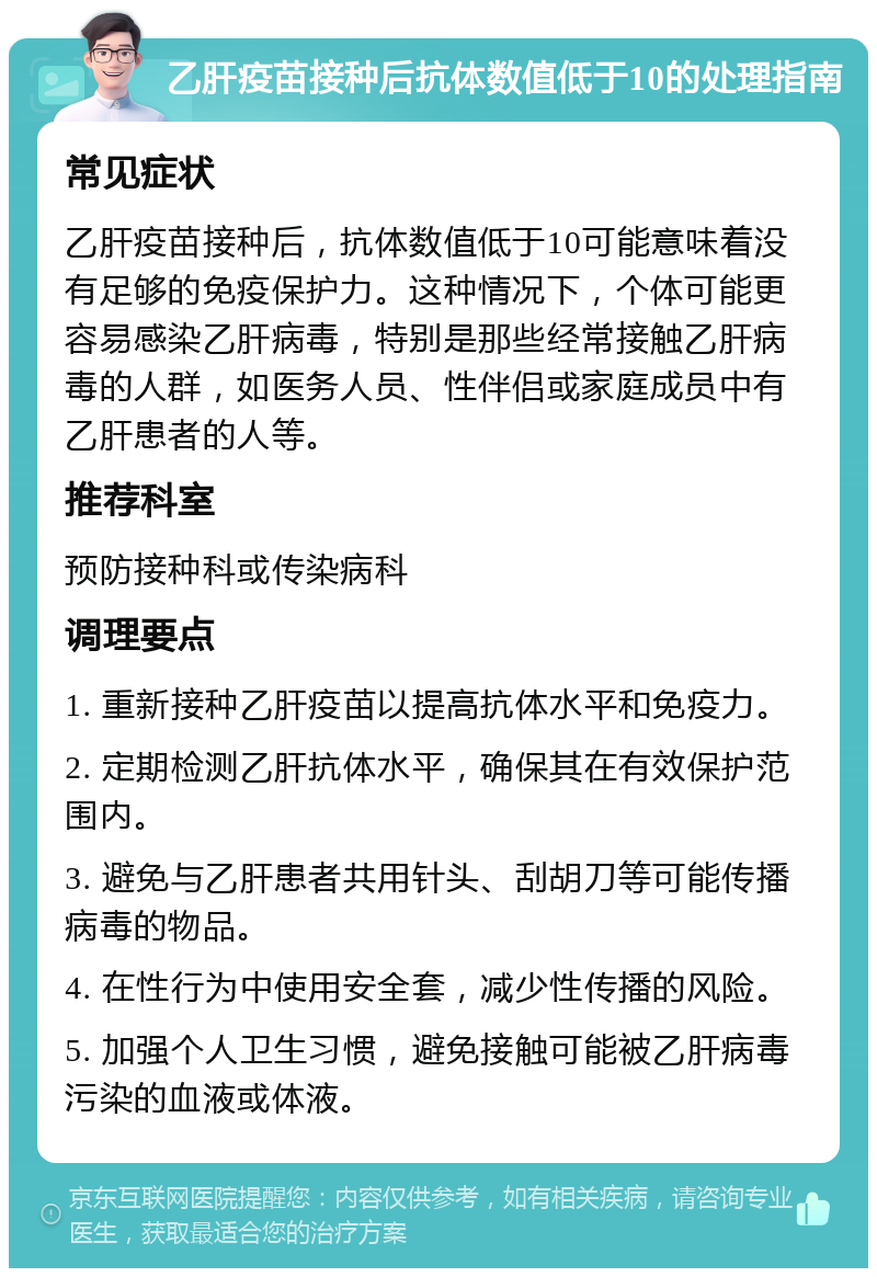 乙肝疫苗接种后抗体数值低于10的处理指南 常见症状 乙肝疫苗接种后，抗体数值低于10可能意味着没有足够的免疫保护力。这种情况下，个体可能更容易感染乙肝病毒，特别是那些经常接触乙肝病毒的人群，如医务人员、性伴侣或家庭成员中有乙肝患者的人等。 推荐科室 预防接种科或传染病科 调理要点 1. 重新接种乙肝疫苗以提高抗体水平和免疫力。 2. 定期检测乙肝抗体水平，确保其在有效保护范围内。 3. 避免与乙肝患者共用针头、刮胡刀等可能传播病毒的物品。 4. 在性行为中使用安全套，减少性传播的风险。 5. 加强个人卫生习惯，避免接触可能被乙肝病毒污染的血液或体液。