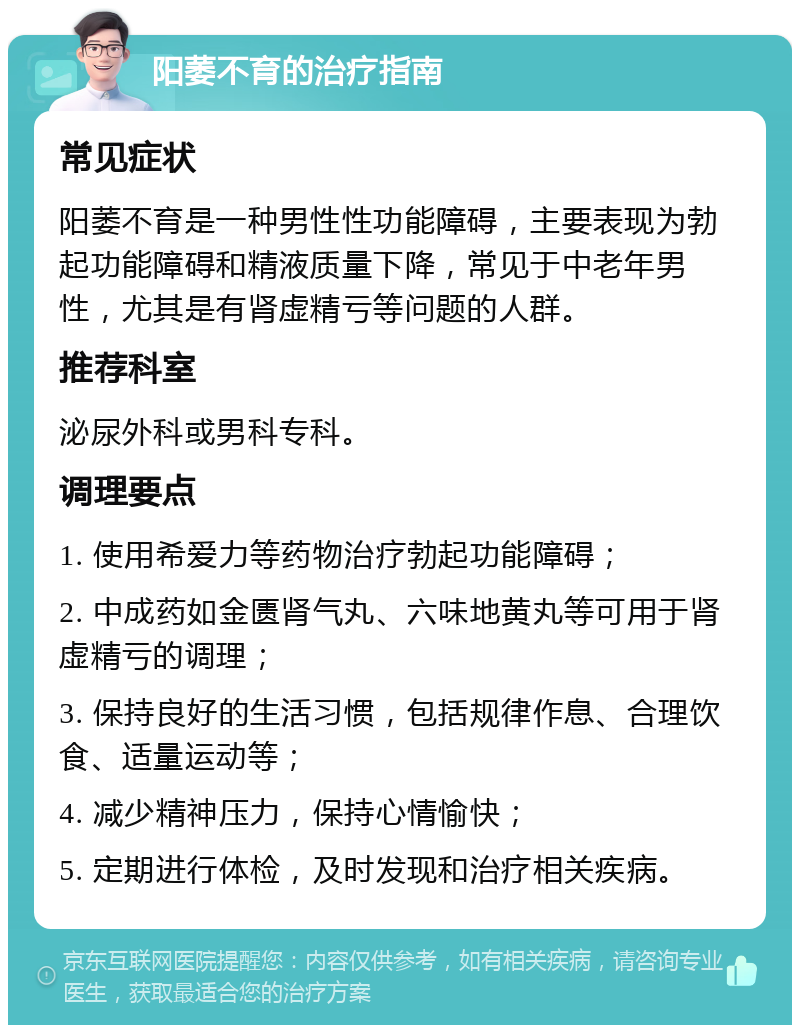 阳萎不育的治疗指南 常见症状 阳萎不育是一种男性性功能障碍，主要表现为勃起功能障碍和精液质量下降，常见于中老年男性，尤其是有肾虚精亏等问题的人群。 推荐科室 泌尿外科或男科专科。 调理要点 1. 使用希爱力等药物治疗勃起功能障碍； 2. 中成药如金匮肾气丸、六味地黄丸等可用于肾虚精亏的调理； 3. 保持良好的生活习惯，包括规律作息、合理饮食、适量运动等； 4. 减少精神压力，保持心情愉快； 5. 定期进行体检，及时发现和治疗相关疾病。