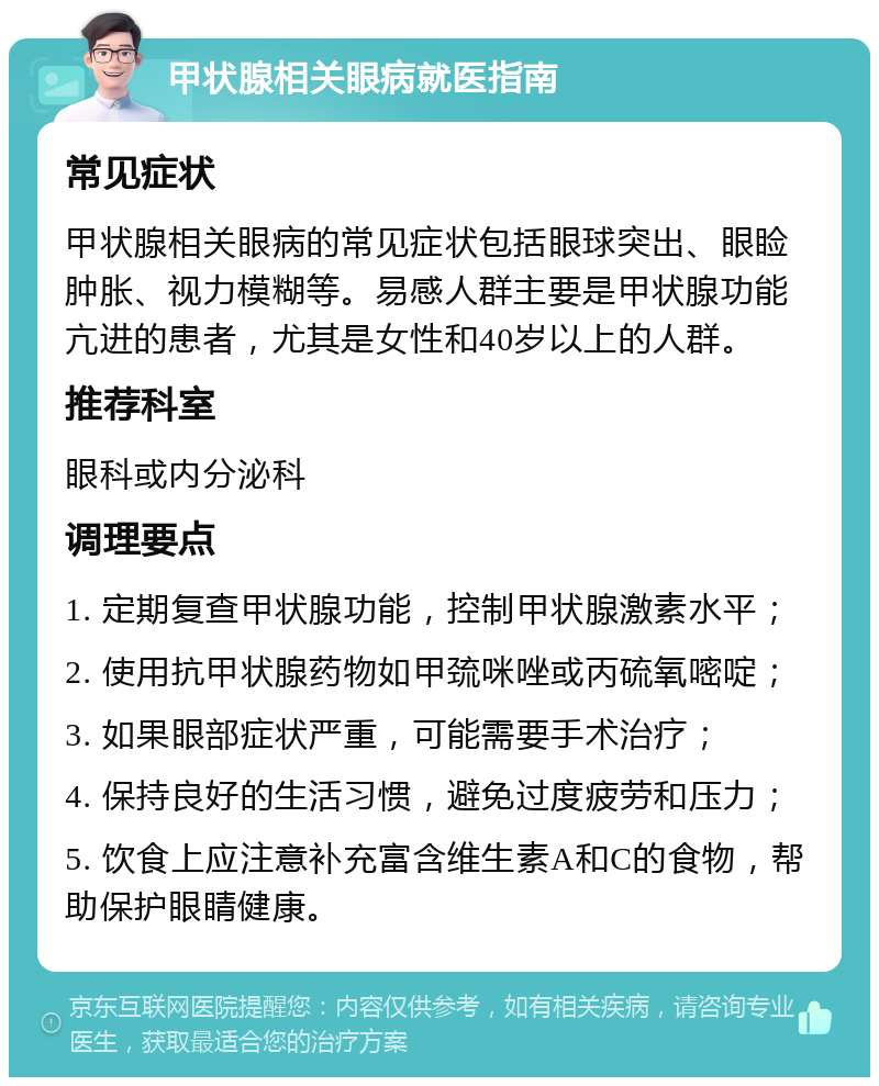 甲状腺相关眼病就医指南 常见症状 甲状腺相关眼病的常见症状包括眼球突出、眼睑肿胀、视力模糊等。易感人群主要是甲状腺功能亢进的患者，尤其是女性和40岁以上的人群。 推荐科室 眼科或内分泌科 调理要点 1. 定期复查甲状腺功能，控制甲状腺激素水平； 2. 使用抗甲状腺药物如甲巯咪唑或丙硫氧嘧啶； 3. 如果眼部症状严重，可能需要手术治疗； 4. 保持良好的生活习惯，避免过度疲劳和压力； 5. 饮食上应注意补充富含维生素A和C的食物，帮助保护眼睛健康。