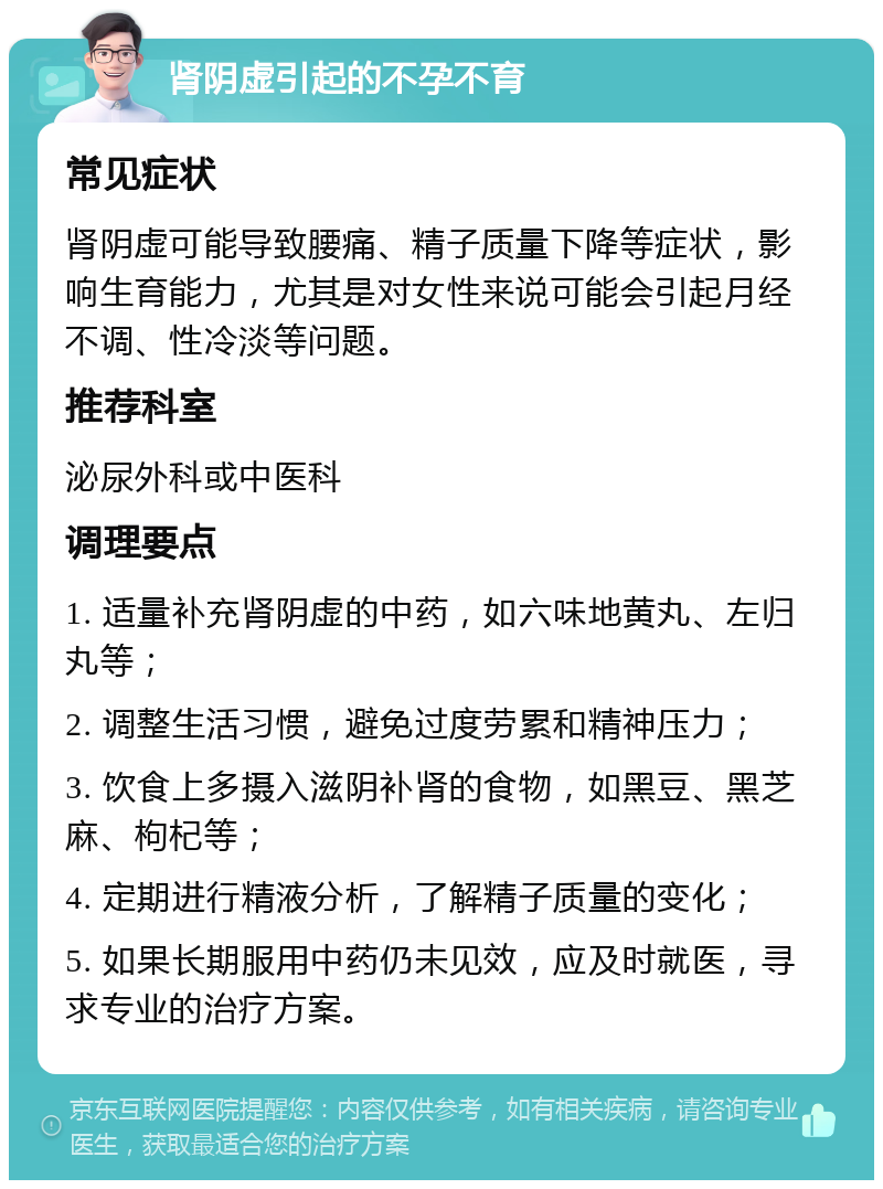 肾阴虚引起的不孕不育 常见症状 肾阴虚可能导致腰痛、精子质量下降等症状，影响生育能力，尤其是对女性来说可能会引起月经不调、性冷淡等问题。 推荐科室 泌尿外科或中医科 调理要点 1. 适量补充肾阴虚的中药，如六味地黄丸、左归丸等； 2. 调整生活习惯，避免过度劳累和精神压力； 3. 饮食上多摄入滋阴补肾的食物，如黑豆、黑芝麻、枸杞等； 4. 定期进行精液分析，了解精子质量的变化； 5. 如果长期服用中药仍未见效，应及时就医，寻求专业的治疗方案。