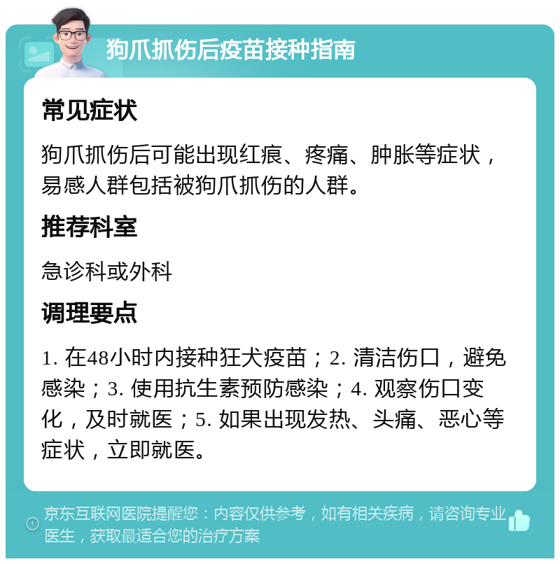 狗爪抓伤后疫苗接种指南 常见症状 狗爪抓伤后可能出现红痕、疼痛、肿胀等症状，易感人群包括被狗爪抓伤的人群。 推荐科室 急诊科或外科 调理要点 1. 在48小时内接种狂犬疫苗；2. 清洁伤口，避免感染；3. 使用抗生素预防感染；4. 观察伤口变化，及时就医；5. 如果出现发热、头痛、恶心等症状，立即就医。