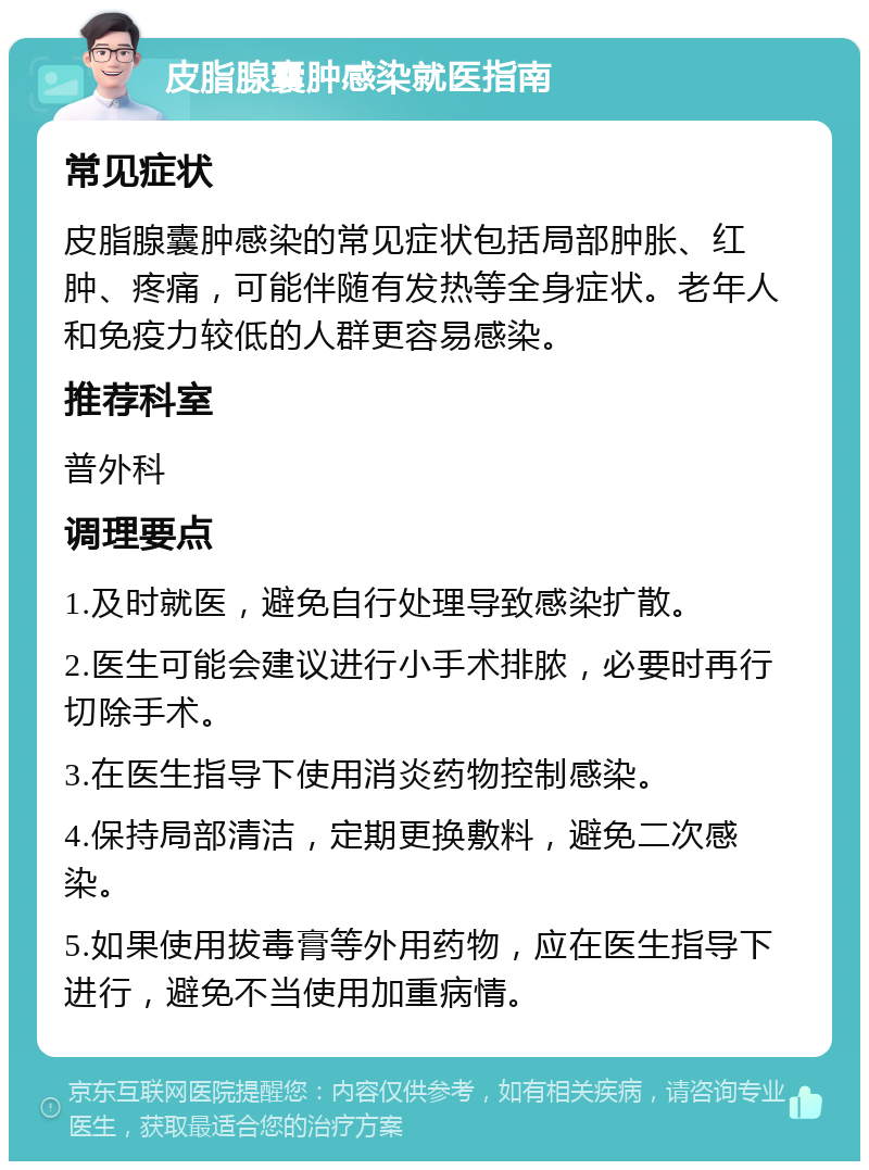 皮脂腺囊肿感染就医指南 常见症状 皮脂腺囊肿感染的常见症状包括局部肿胀、红肿、疼痛，可能伴随有发热等全身症状。老年人和免疫力较低的人群更容易感染。 推荐科室 普外科 调理要点 1.及时就医，避免自行处理导致感染扩散。 2.医生可能会建议进行小手术排脓，必要时再行切除手术。 3.在医生指导下使用消炎药物控制感染。 4.保持局部清洁，定期更换敷料，避免二次感染。 5.如果使用拔毒膏等外用药物，应在医生指导下进行，避免不当使用加重病情。