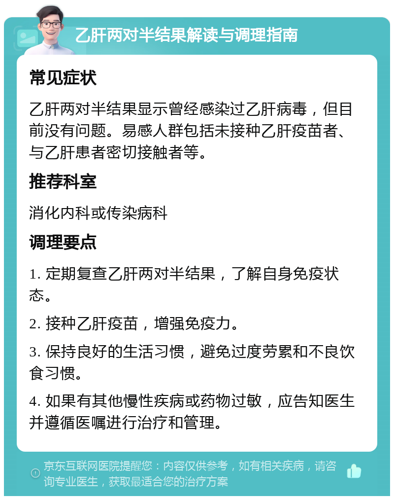 乙肝两对半结果解读与调理指南 常见症状 乙肝两对半结果显示曾经感染过乙肝病毒，但目前没有问题。易感人群包括未接种乙肝疫苗者、与乙肝患者密切接触者等。 推荐科室 消化内科或传染病科 调理要点 1. 定期复查乙肝两对半结果，了解自身免疫状态。 2. 接种乙肝疫苗，增强免疫力。 3. 保持良好的生活习惯，避免过度劳累和不良饮食习惯。 4. 如果有其他慢性疾病或药物过敏，应告知医生并遵循医嘱进行治疗和管理。