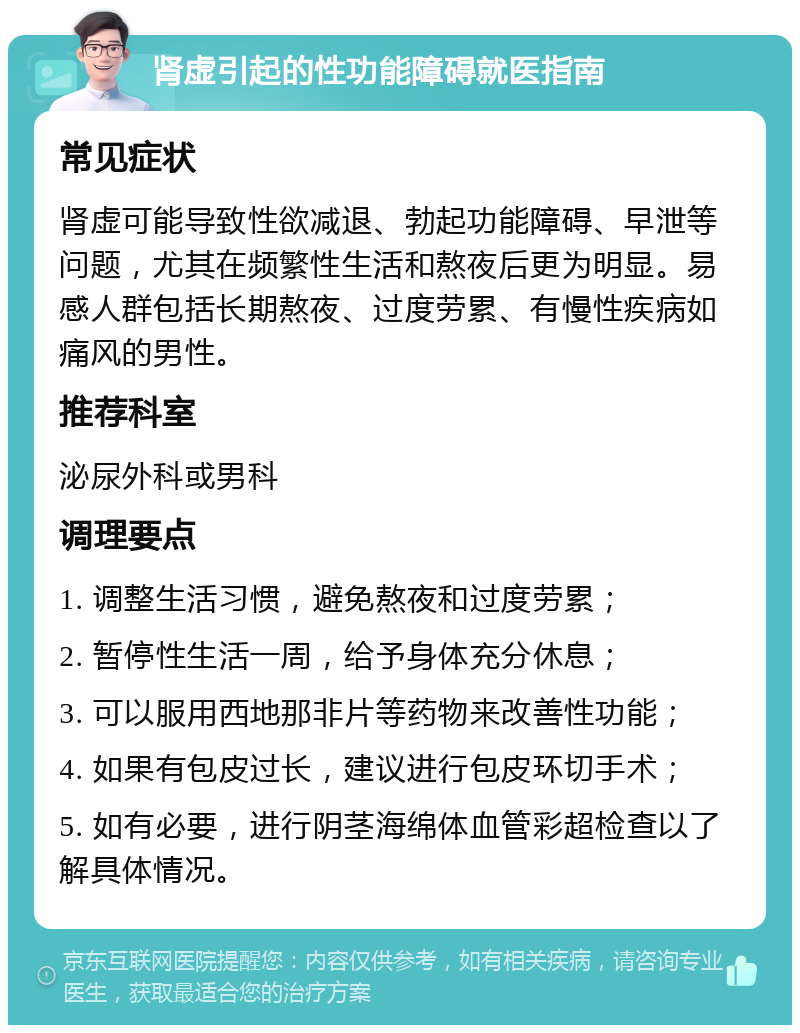 肾虚引起的性功能障碍就医指南 常见症状 肾虚可能导致性欲减退、勃起功能障碍、早泄等问题，尤其在频繁性生活和熬夜后更为明显。易感人群包括长期熬夜、过度劳累、有慢性疾病如痛风的男性。 推荐科室 泌尿外科或男科 调理要点 1. 调整生活习惯，避免熬夜和过度劳累； 2. 暂停性生活一周，给予身体充分休息； 3. 可以服用西地那非片等药物来改善性功能； 4. 如果有包皮过长，建议进行包皮环切手术； 5. 如有必要，进行阴茎海绵体血管彩超检查以了解具体情况。