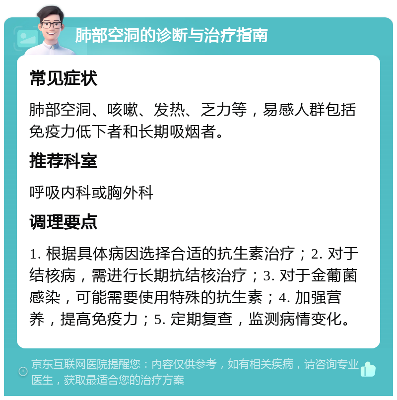 肺部空洞的诊断与治疗指南 常见症状 肺部空洞、咳嗽、发热、乏力等，易感人群包括免疫力低下者和长期吸烟者。 推荐科室 呼吸内科或胸外科 调理要点 1. 根据具体病因选择合适的抗生素治疗；2. 对于结核病，需进行长期抗结核治疗；3. 对于金葡菌感染，可能需要使用特殊的抗生素；4. 加强营养，提高免疫力；5. 定期复查，监测病情变化。