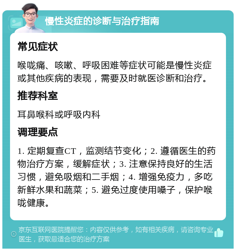 慢性炎症的诊断与治疗指南 常见症状 喉咙痛、咳嗽、呼吸困难等症状可能是慢性炎症或其他疾病的表现，需要及时就医诊断和治疗。 推荐科室 耳鼻喉科或呼吸内科 调理要点 1. 定期复查CT，监测结节变化；2. 遵循医生的药物治疗方案，缓解症状；3. 注意保持良好的生活习惯，避免吸烟和二手烟；4. 增强免疫力，多吃新鲜水果和蔬菜；5. 避免过度使用嗓子，保护喉咙健康。