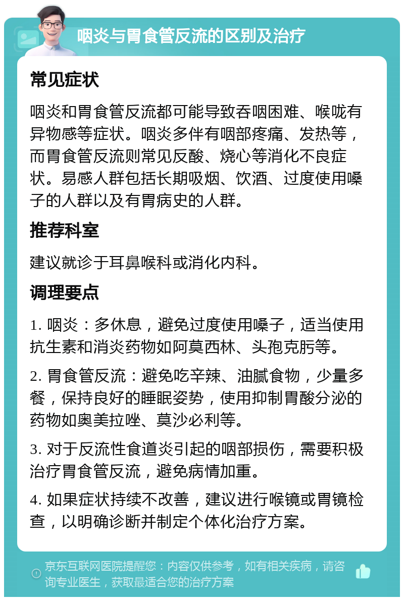 咽炎与胃食管反流的区别及治疗 常见症状 咽炎和胃食管反流都可能导致吞咽困难、喉咙有异物感等症状。咽炎多伴有咽部疼痛、发热等，而胃食管反流则常见反酸、烧心等消化不良症状。易感人群包括长期吸烟、饮酒、过度使用嗓子的人群以及有胃病史的人群。 推荐科室 建议就诊于耳鼻喉科或消化内科。 调理要点 1. 咽炎：多休息，避免过度使用嗓子，适当使用抗生素和消炎药物如阿莫西林、头孢克肟等。 2. 胃食管反流：避免吃辛辣、油腻食物，少量多餐，保持良好的睡眠姿势，使用抑制胃酸分泌的药物如奥美拉唑、莫沙必利等。 3. 对于反流性食道炎引起的咽部损伤，需要积极治疗胃食管反流，避免病情加重。 4. 如果症状持续不改善，建议进行喉镜或胃镜检查，以明确诊断并制定个体化治疗方案。