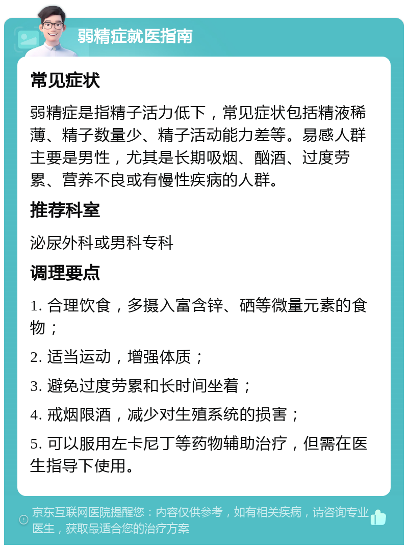 弱精症就医指南 常见症状 弱精症是指精子活力低下，常见症状包括精液稀薄、精子数量少、精子活动能力差等。易感人群主要是男性，尤其是长期吸烟、酗酒、过度劳累、营养不良或有慢性疾病的人群。 推荐科室 泌尿外科或男科专科 调理要点 1. 合理饮食，多摄入富含锌、硒等微量元素的食物； 2. 适当运动，增强体质； 3. 避免过度劳累和长时间坐着； 4. 戒烟限酒，减少对生殖系统的损害； 5. 可以服用左卡尼丁等药物辅助治疗，但需在医生指导下使用。