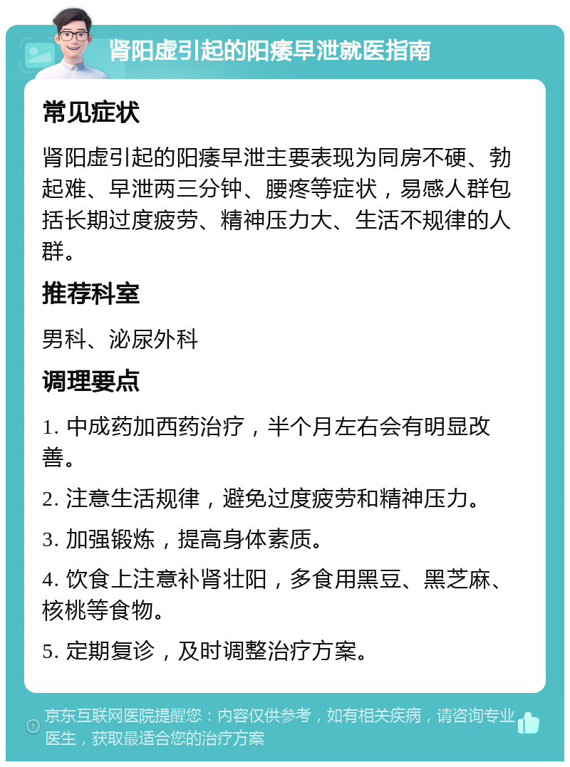 肾阳虚引起的阳痿早泄就医指南 常见症状 肾阳虚引起的阳痿早泄主要表现为同房不硬、勃起难、早泄两三分钟、腰疼等症状，易感人群包括长期过度疲劳、精神压力大、生活不规律的人群。 推荐科室 男科、泌尿外科 调理要点 1. 中成药加西药治疗，半个月左右会有明显改善。 2. 注意生活规律，避免过度疲劳和精神压力。 3. 加强锻炼，提高身体素质。 4. 饮食上注意补肾壮阳，多食用黑豆、黑芝麻、核桃等食物。 5. 定期复诊，及时调整治疗方案。