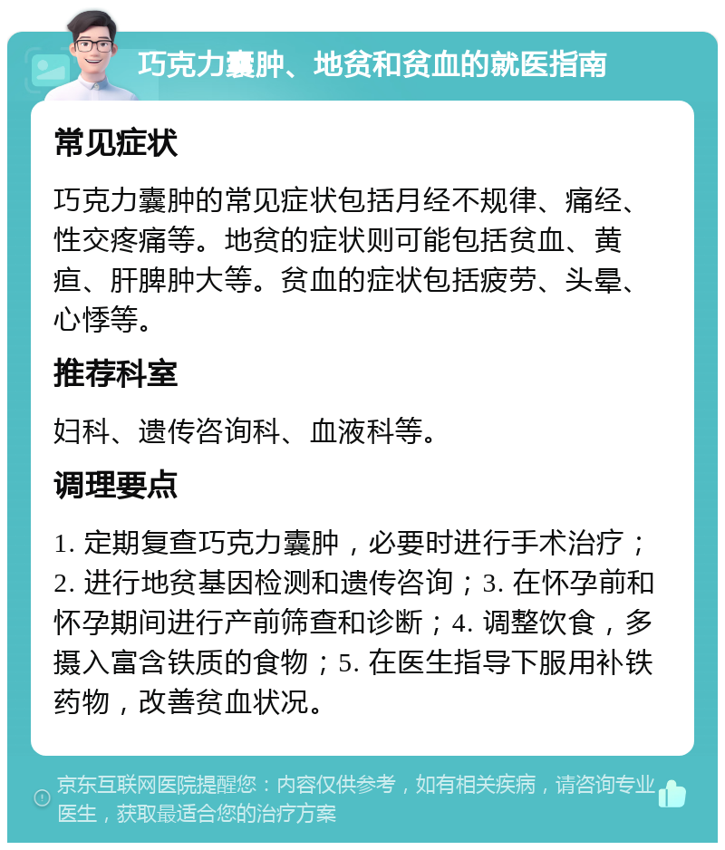 巧克力囊肿、地贫和贫血的就医指南 常见症状 巧克力囊肿的常见症状包括月经不规律、痛经、性交疼痛等。地贫的症状则可能包括贫血、黄疸、肝脾肿大等。贫血的症状包括疲劳、头晕、心悸等。 推荐科室 妇科、遗传咨询科、血液科等。 调理要点 1. 定期复查巧克力囊肿，必要时进行手术治疗；2. 进行地贫基因检测和遗传咨询；3. 在怀孕前和怀孕期间进行产前筛查和诊断；4. 调整饮食，多摄入富含铁质的食物；5. 在医生指导下服用补铁药物，改善贫血状况。