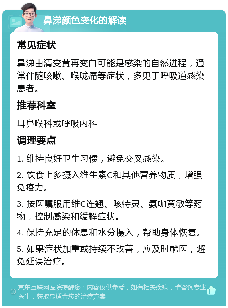 鼻涕颜色变化的解读 常见症状 鼻涕由清变黄再变白可能是感染的自然进程，通常伴随咳嗽、喉咙痛等症状，多见于呼吸道感染患者。 推荐科室 耳鼻喉科或呼吸内科 调理要点 1. 维持良好卫生习惯，避免交叉感染。 2. 饮食上多摄入维生素C和其他营养物质，增强免疫力。 3. 按医嘱服用维C连翘、咳特灵、氨咖黄敏等药物，控制感染和缓解症状。 4. 保持充足的休息和水分摄入，帮助身体恢复。 5. 如果症状加重或持续不改善，应及时就医，避免延误治疗。