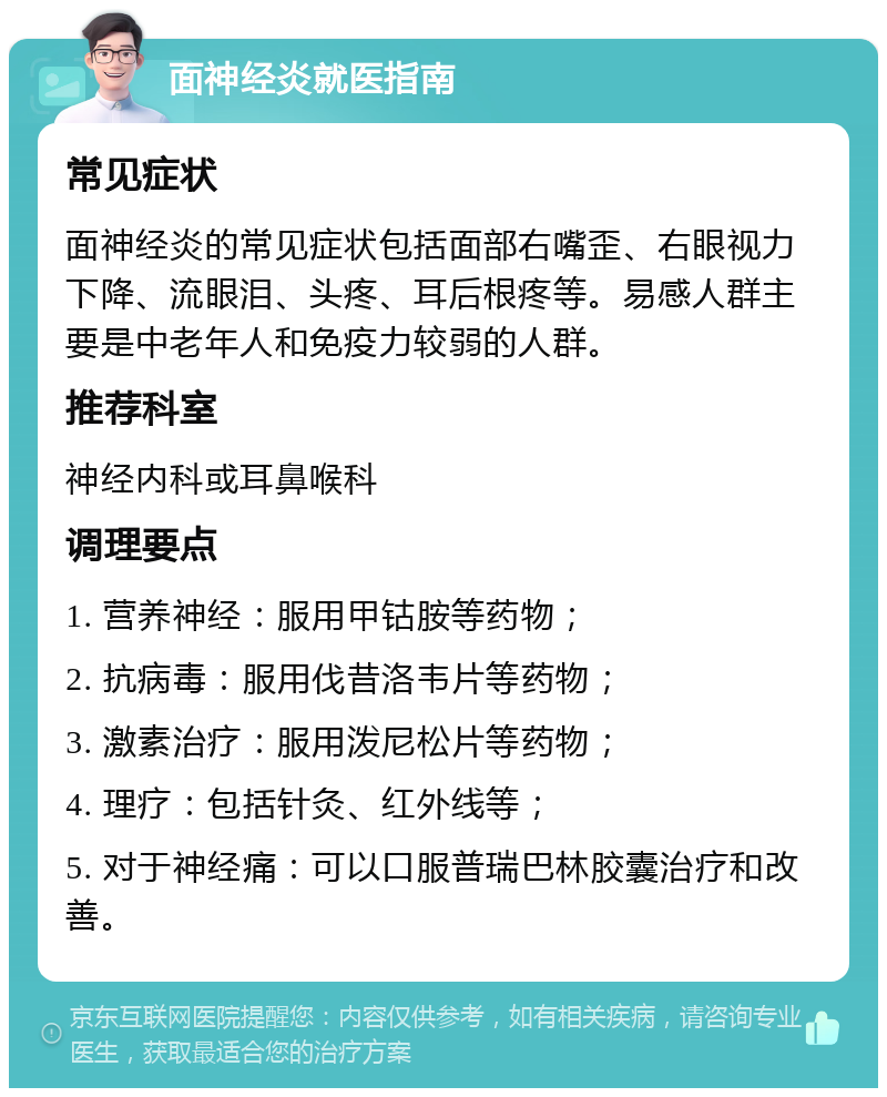 面神经炎就医指南 常见症状 面神经炎的常见症状包括面部右嘴歪、右眼视力下降、流眼泪、头疼、耳后根疼等。易感人群主要是中老年人和免疫力较弱的人群。 推荐科室 神经内科或耳鼻喉科 调理要点 1. 营养神经：服用甲钴胺等药物； 2. 抗病毒：服用伐昔洛韦片等药物； 3. 激素治疗：服用泼尼松片等药物； 4. 理疗：包括针灸、红外线等； 5. 对于神经痛：可以口服普瑞巴林胶囊治疗和改善。