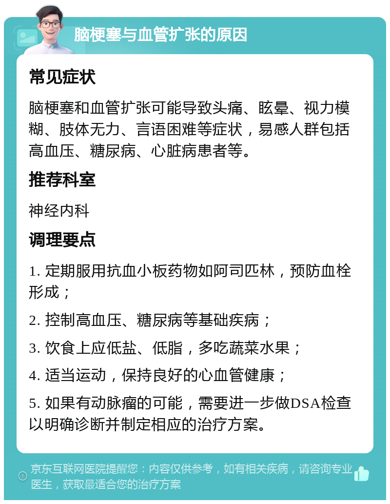 脑梗塞与血管扩张的原因 常见症状 脑梗塞和血管扩张可能导致头痛、眩晕、视力模糊、肢体无力、言语困难等症状，易感人群包括高血压、糖尿病、心脏病患者等。 推荐科室 神经内科 调理要点 1. 定期服用抗血小板药物如阿司匹林，预防血栓形成； 2. 控制高血压、糖尿病等基础疾病； 3. 饮食上应低盐、低脂，多吃蔬菜水果； 4. 适当运动，保持良好的心血管健康； 5. 如果有动脉瘤的可能，需要进一步做DSA检查以明确诊断并制定相应的治疗方案。