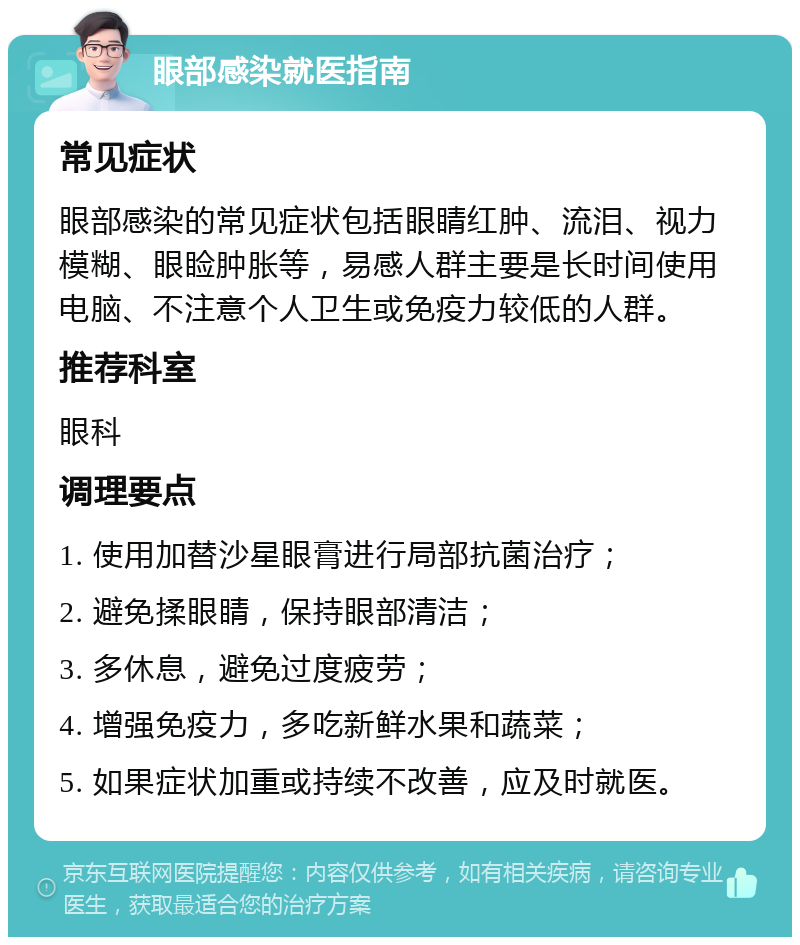 眼部感染就医指南 常见症状 眼部感染的常见症状包括眼睛红肿、流泪、视力模糊、眼睑肿胀等，易感人群主要是长时间使用电脑、不注意个人卫生或免疫力较低的人群。 推荐科室 眼科 调理要点 1. 使用加替沙星眼膏进行局部抗菌治疗； 2. 避免揉眼睛，保持眼部清洁； 3. 多休息，避免过度疲劳； 4. 增强免疫力，多吃新鲜水果和蔬菜； 5. 如果症状加重或持续不改善，应及时就医。