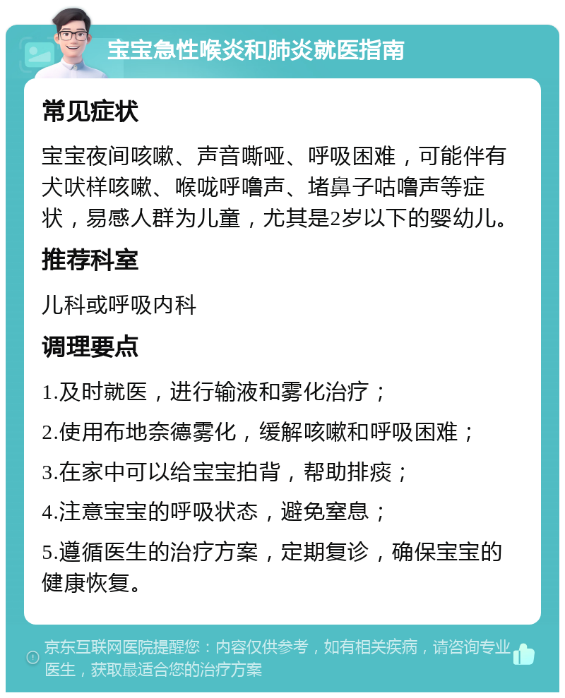 宝宝急性喉炎和肺炎就医指南 常见症状 宝宝夜间咳嗽、声音嘶哑、呼吸困难，可能伴有犬吠样咳嗽、喉咙呼噜声、堵鼻子咕噜声等症状，易感人群为儿童，尤其是2岁以下的婴幼儿。 推荐科室 儿科或呼吸内科 调理要点 1.及时就医，进行输液和雾化治疗； 2.使用布地奈德雾化，缓解咳嗽和呼吸困难； 3.在家中可以给宝宝拍背，帮助排痰； 4.注意宝宝的呼吸状态，避免窒息； 5.遵循医生的治疗方案，定期复诊，确保宝宝的健康恢复。