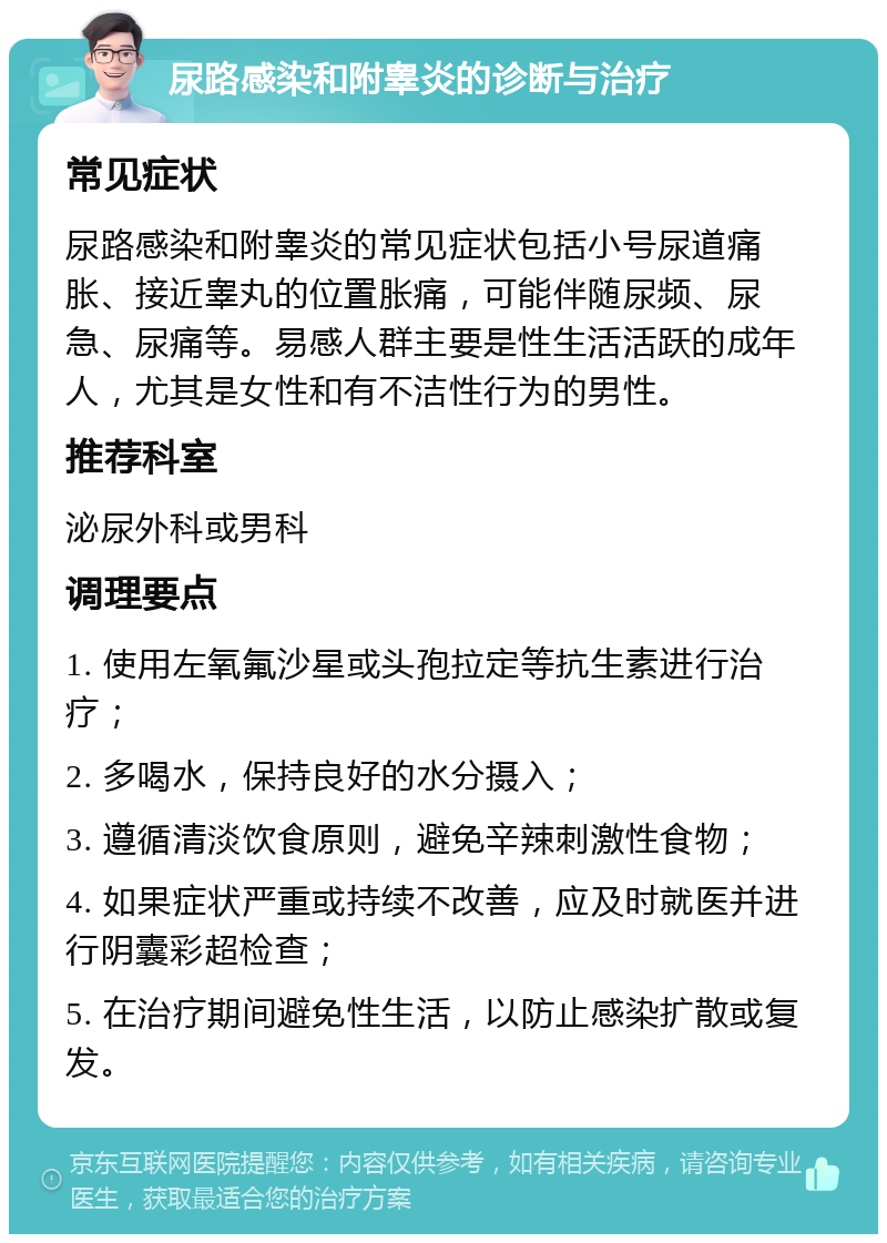 尿路感染和附睾炎的诊断与治疗 常见症状 尿路感染和附睾炎的常见症状包括小号尿道痛胀、接近睾丸的位置胀痛，可能伴随尿频、尿急、尿痛等。易感人群主要是性生活活跃的成年人，尤其是女性和有不洁性行为的男性。 推荐科室 泌尿外科或男科 调理要点 1. 使用左氧氟沙星或头孢拉定等抗生素进行治疗； 2. 多喝水，保持良好的水分摄入； 3. 遵循清淡饮食原则，避免辛辣刺激性食物； 4. 如果症状严重或持续不改善，应及时就医并进行阴囊彩超检查； 5. 在治疗期间避免性生活，以防止感染扩散或复发。