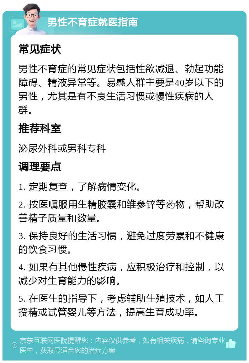 男性不育症就医指南 常见症状 男性不育症的常见症状包括性欲减退、勃起功能障碍、精液异常等。易感人群主要是40岁以下的男性，尤其是有不良生活习惯或慢性疾病的人群。 推荐科室 泌尿外科或男科专科 调理要点 1. 定期复查，了解病情变化。 2. 按医嘱服用生精胶囊和维参锌等药物，帮助改善精子质量和数量。 3. 保持良好的生活习惯，避免过度劳累和不健康的饮食习惯。 4. 如果有其他慢性疾病，应积极治疗和控制，以减少对生育能力的影响。 5. 在医生的指导下，考虑辅助生殖技术，如人工授精或试管婴儿等方法，提高生育成功率。