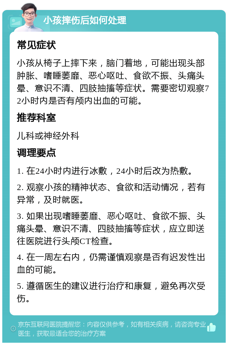 小孩摔伤后如何处理 常见症状 小孩从椅子上摔下来，脑门着地，可能出现头部肿胀、嗜睡萎靡、恶心呕吐、食欲不振、头痛头晕、意识不清、四肢抽搐等症状。需要密切观察72小时内是否有颅内出血的可能。 推荐科室 儿科或神经外科 调理要点 1. 在24小时内进行冰敷，24小时后改为热敷。 2. 观察小孩的精神状态、食欲和活动情况，若有异常，及时就医。 3. 如果出现嗜睡萎靡、恶心呕吐、食欲不振、头痛头晕、意识不清、四肢抽搐等症状，应立即送往医院进行头颅CT检查。 4. 在一周左右内，仍需谨慎观察是否有迟发性出血的可能。 5. 遵循医生的建议进行治疗和康复，避免再次受伤。