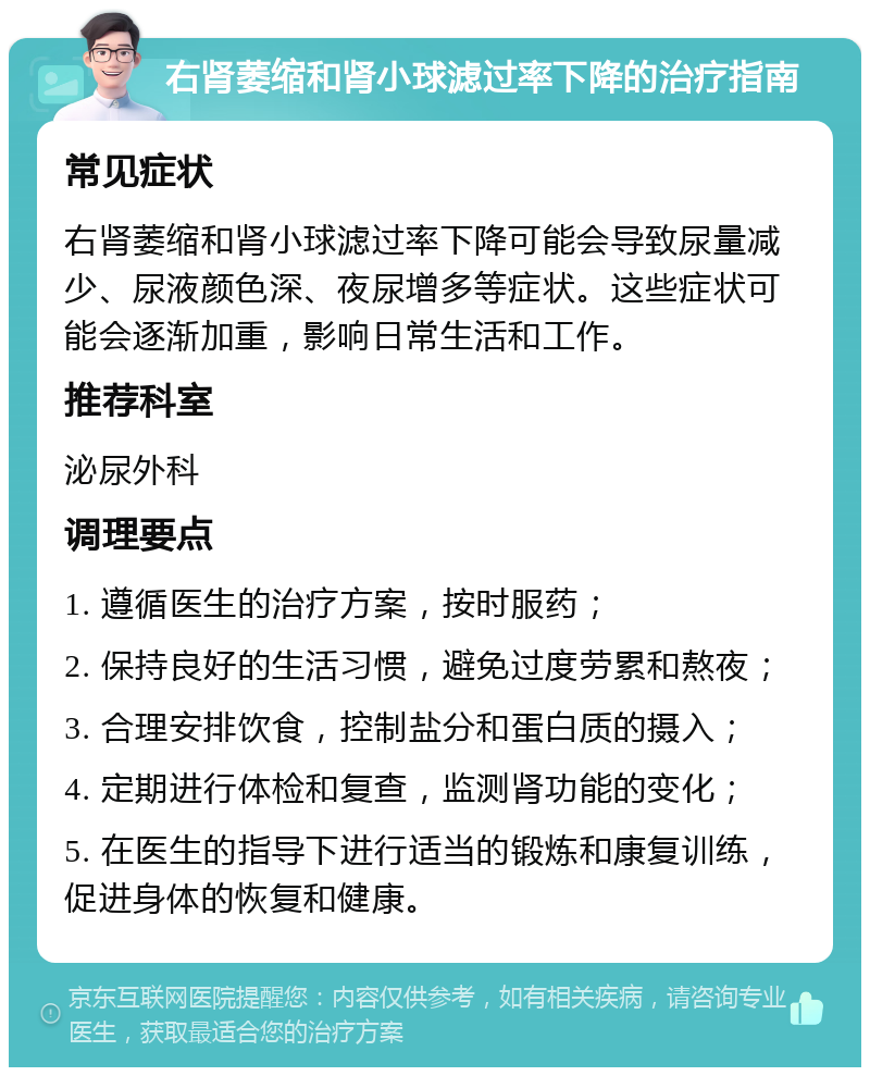 右肾萎缩和肾小球滤过率下降的治疗指南 常见症状 右肾萎缩和肾小球滤过率下降可能会导致尿量减少、尿液颜色深、夜尿增多等症状。这些症状可能会逐渐加重，影响日常生活和工作。 推荐科室 泌尿外科 调理要点 1. 遵循医生的治疗方案，按时服药； 2. 保持良好的生活习惯，避免过度劳累和熬夜； 3. 合理安排饮食，控制盐分和蛋白质的摄入； 4. 定期进行体检和复查，监测肾功能的变化； 5. 在医生的指导下进行适当的锻炼和康复训练，促进身体的恢复和健康。