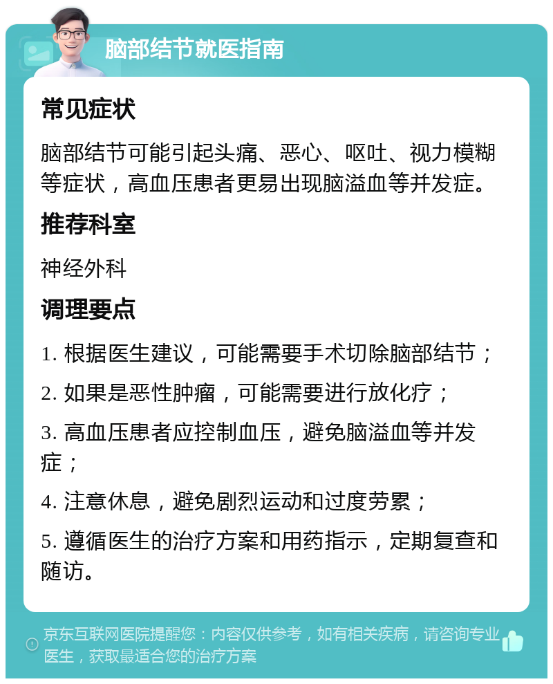 脑部结节就医指南 常见症状 脑部结节可能引起头痛、恶心、呕吐、视力模糊等症状，高血压患者更易出现脑溢血等并发症。 推荐科室 神经外科 调理要点 1. 根据医生建议，可能需要手术切除脑部结节； 2. 如果是恶性肿瘤，可能需要进行放化疗； 3. 高血压患者应控制血压，避免脑溢血等并发症； 4. 注意休息，避免剧烈运动和过度劳累； 5. 遵循医生的治疗方案和用药指示，定期复查和随访。