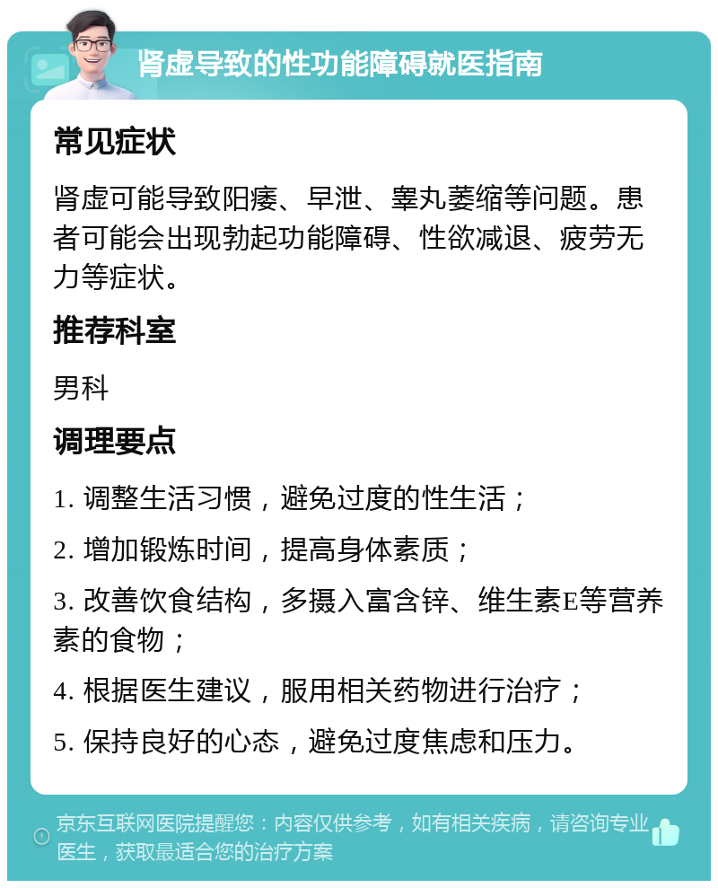 肾虚导致的性功能障碍就医指南 常见症状 肾虚可能导致阳痿、早泄、睾丸萎缩等问题。患者可能会出现勃起功能障碍、性欲减退、疲劳无力等症状。 推荐科室 男科 调理要点 1. 调整生活习惯，避免过度的性生活； 2. 增加锻炼时间，提高身体素质； 3. 改善饮食结构，多摄入富含锌、维生素E等营养素的食物； 4. 根据医生建议，服用相关药物进行治疗； 5. 保持良好的心态，避免过度焦虑和压力。