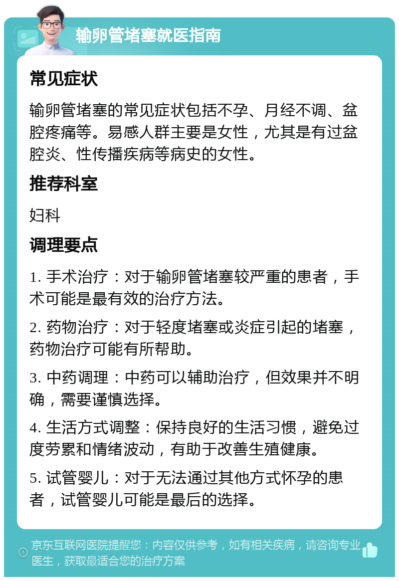 输卵管堵塞就医指南 常见症状 输卵管堵塞的常见症状包括不孕、月经不调、盆腔疼痛等。易感人群主要是女性，尤其是有过盆腔炎、性传播疾病等病史的女性。 推荐科室 妇科 调理要点 1. 手术治疗：对于输卵管堵塞较严重的患者，手术可能是最有效的治疗方法。 2. 药物治疗：对于轻度堵塞或炎症引起的堵塞，药物治疗可能有所帮助。 3. 中药调理：中药可以辅助治疗，但效果并不明确，需要谨慎选择。 4. 生活方式调整：保持良好的生活习惯，避免过度劳累和情绪波动，有助于改善生殖健康。 5. 试管婴儿：对于无法通过其他方式怀孕的患者，试管婴儿可能是最后的选择。