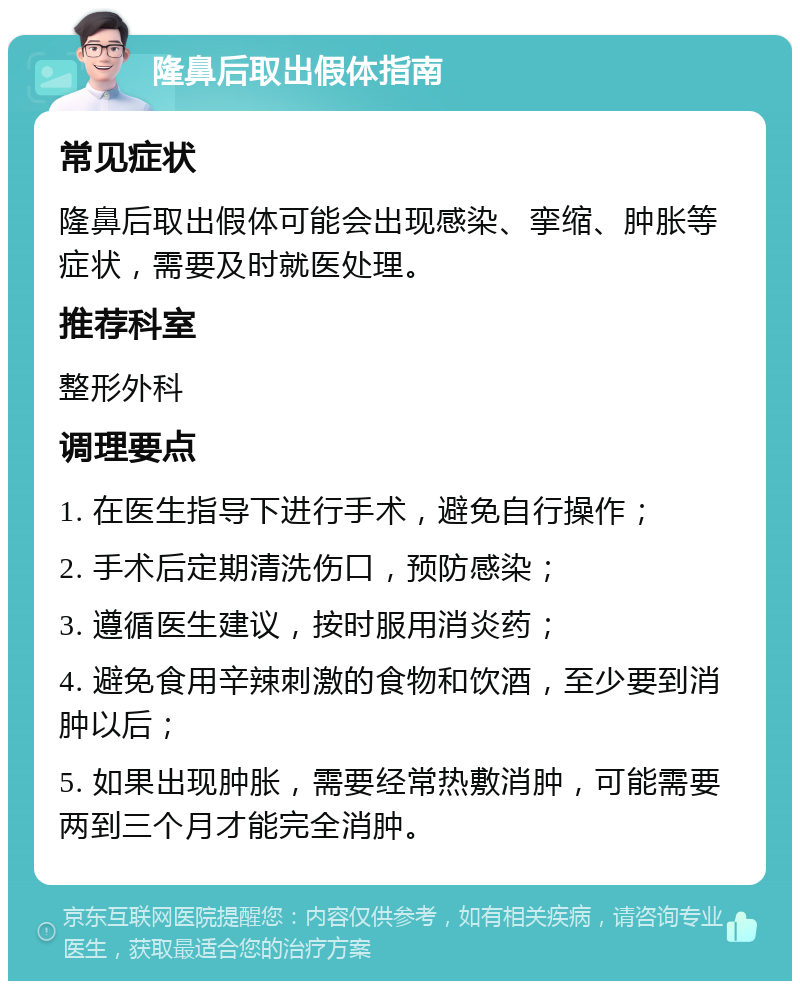 隆鼻后取出假体指南 常见症状 隆鼻后取出假体可能会出现感染、挛缩、肿胀等症状，需要及时就医处理。 推荐科室 整形外科 调理要点 1. 在医生指导下进行手术，避免自行操作； 2. 手术后定期清洗伤口，预防感染； 3. 遵循医生建议，按时服用消炎药； 4. 避免食用辛辣刺激的食物和饮酒，至少要到消肿以后； 5. 如果出现肿胀，需要经常热敷消肿，可能需要两到三个月才能完全消肿。