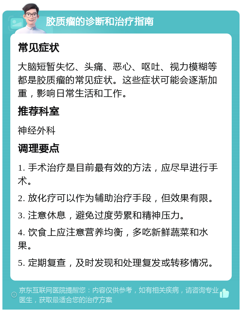 胶质瘤的诊断和治疗指南 常见症状 大脑短暂失忆、头痛、恶心、呕吐、视力模糊等都是胶质瘤的常见症状。这些症状可能会逐渐加重，影响日常生活和工作。 推荐科室 神经外科 调理要点 1. 手术治疗是目前最有效的方法，应尽早进行手术。 2. 放化疗可以作为辅助治疗手段，但效果有限。 3. 注意休息，避免过度劳累和精神压力。 4. 饮食上应注意营养均衡，多吃新鲜蔬菜和水果。 5. 定期复查，及时发现和处理复发或转移情况。