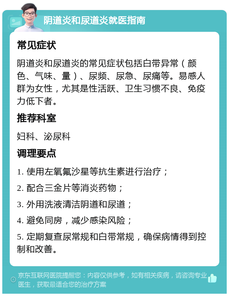 阴道炎和尿道炎就医指南 常见症状 阴道炎和尿道炎的常见症状包括白带异常（颜色、气味、量）、尿频、尿急、尿痛等。易感人群为女性，尤其是性活跃、卫生习惯不良、免疫力低下者。 推荐科室 妇科、泌尿科 调理要点 1. 使用左氧氟沙星等抗生素进行治疗； 2. 配合三金片等消炎药物； 3. 外用洗液清洁阴道和尿道； 4. 避免同房，减少感染风险； 5. 定期复查尿常规和白带常规，确保病情得到控制和改善。