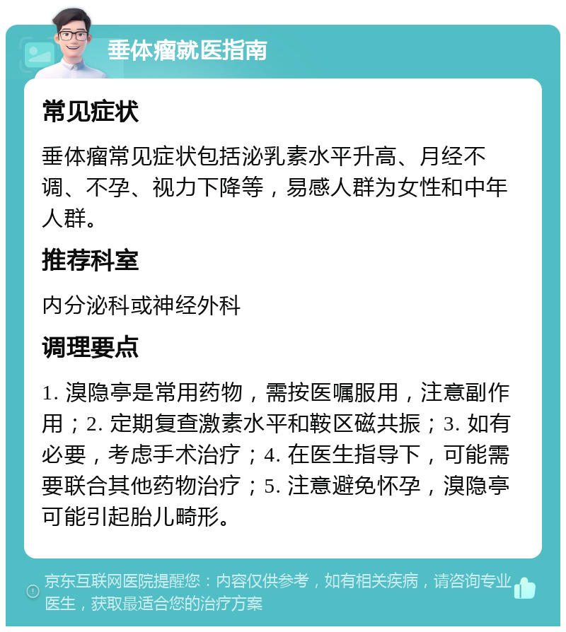 垂体瘤就医指南 常见症状 垂体瘤常见症状包括泌乳素水平升高、月经不调、不孕、视力下降等，易感人群为女性和中年人群。 推荐科室 内分泌科或神经外科 调理要点 1. 溴隐亭是常用药物，需按医嘱服用，注意副作用；2. 定期复查激素水平和鞍区磁共振；3. 如有必要，考虑手术治疗；4. 在医生指导下，可能需要联合其他药物治疗；5. 注意避免怀孕，溴隐亭可能引起胎儿畸形。