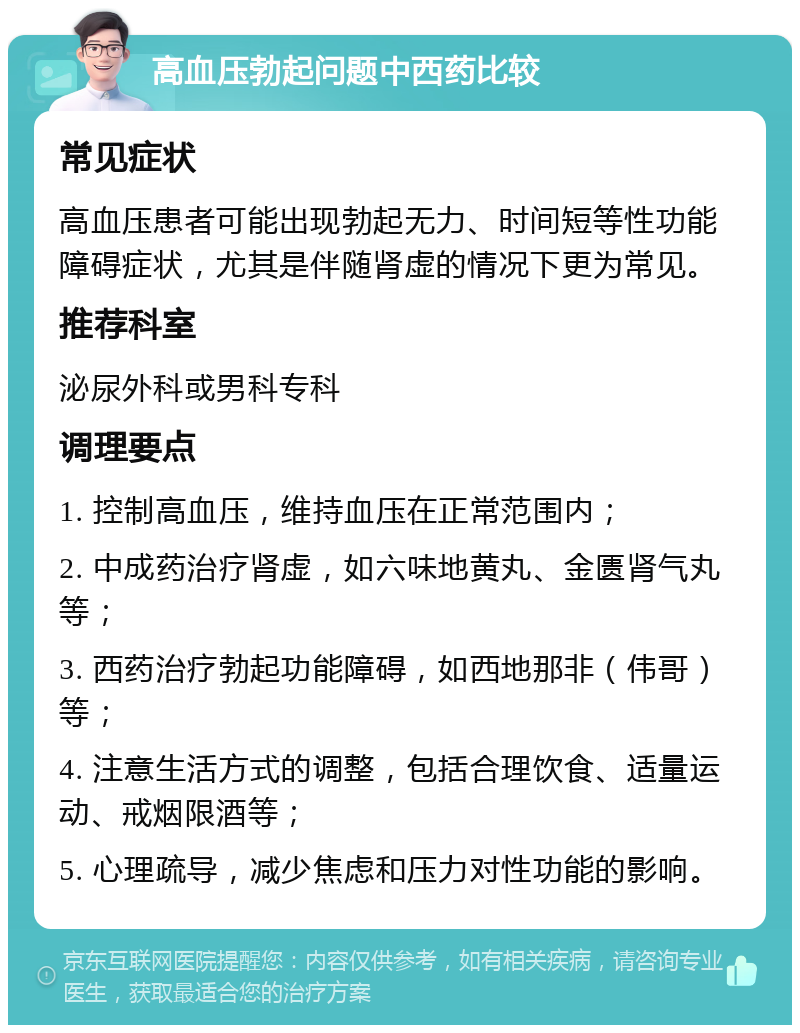 高血压勃起问题中西药比较 常见症状 高血压患者可能出现勃起无力、时间短等性功能障碍症状，尤其是伴随肾虚的情况下更为常见。 推荐科室 泌尿外科或男科专科 调理要点 1. 控制高血压，维持血压在正常范围内； 2. 中成药治疗肾虚，如六味地黄丸、金匮肾气丸等； 3. 西药治疗勃起功能障碍，如西地那非（伟哥）等； 4. 注意生活方式的调整，包括合理饮食、适量运动、戒烟限酒等； 5. 心理疏导，减少焦虑和压力对性功能的影响。