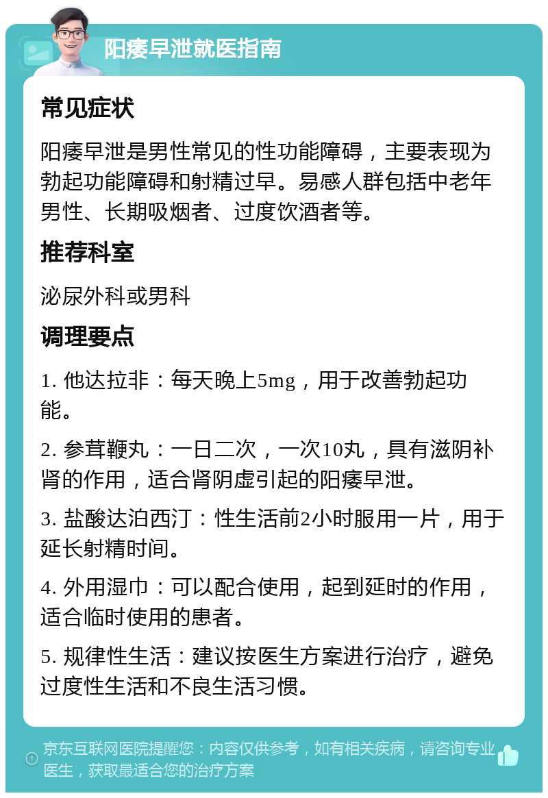 阳痿早泄就医指南 常见症状 阳痿早泄是男性常见的性功能障碍，主要表现为勃起功能障碍和射精过早。易感人群包括中老年男性、长期吸烟者、过度饮酒者等。 推荐科室 泌尿外科或男科 调理要点 1. 他达拉非：每天晚上5mg，用于改善勃起功能。 2. 参茸鞭丸：一日二次，一次10丸，具有滋阴补肾的作用，适合肾阴虚引起的阳痿早泄。 3. 盐酸达泊西汀：性生活前2小时服用一片，用于延长射精时间。 4. 外用湿巾：可以配合使用，起到延时的作用，适合临时使用的患者。 5. 规律性生活：建议按医生方案进行治疗，避免过度性生活和不良生活习惯。