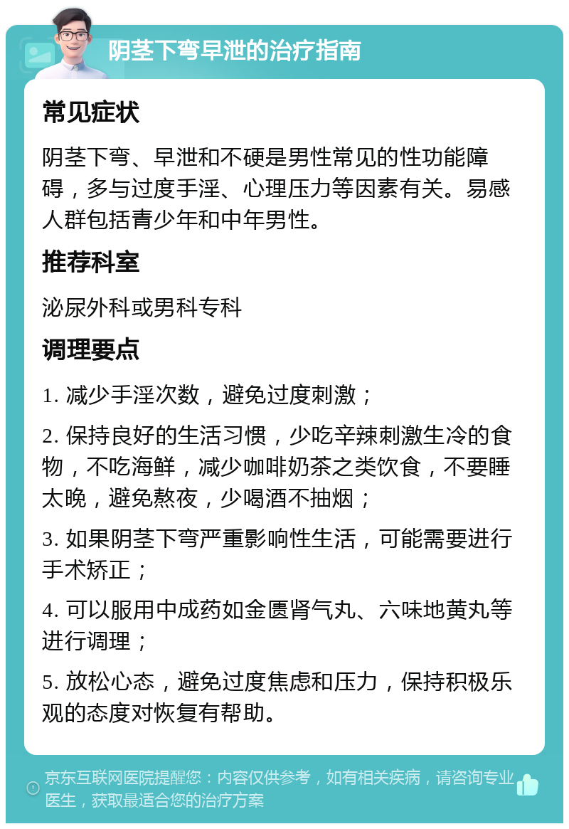 阴茎下弯早泄的治疗指南 常见症状 阴茎下弯、早泄和不硬是男性常见的性功能障碍，多与过度手淫、心理压力等因素有关。易感人群包括青少年和中年男性。 推荐科室 泌尿外科或男科专科 调理要点 1. 减少手淫次数，避免过度刺激； 2. 保持良好的生活习惯，少吃辛辣刺激生冷的食物，不吃海鲜，减少咖啡奶茶之类饮食，不要睡太晚，避免熬夜，少喝酒不抽烟； 3. 如果阴茎下弯严重影响性生活，可能需要进行手术矫正； 4. 可以服用中成药如金匮肾气丸、六味地黄丸等进行调理； 5. 放松心态，避免过度焦虑和压力，保持积极乐观的态度对恢复有帮助。