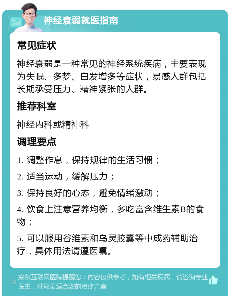 神经衰弱就医指南 常见症状 神经衰弱是一种常见的神经系统疾病，主要表现为失眠、多梦、白发增多等症状，易感人群包括长期承受压力、精神紧张的人群。 推荐科室 神经内科或精神科 调理要点 1. 调整作息，保持规律的生活习惯； 2. 适当运动，缓解压力； 3. 保持良好的心态，避免情绪激动； 4. 饮食上注意营养均衡，多吃富含维生素B的食物； 5. 可以服用谷维素和乌灵胶囊等中成药辅助治疗，具体用法请遵医嘱。