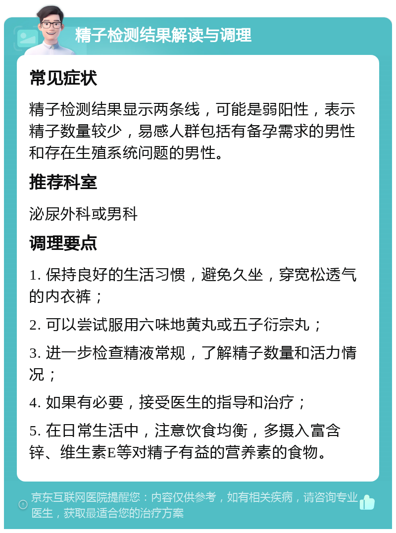 精子检测结果解读与调理 常见症状 精子检测结果显示两条线，可能是弱阳性，表示精子数量较少，易感人群包括有备孕需求的男性和存在生殖系统问题的男性。 推荐科室 泌尿外科或男科 调理要点 1. 保持良好的生活习惯，避免久坐，穿宽松透气的内衣裤； 2. 可以尝试服用六味地黄丸或五子衍宗丸； 3. 进一步检查精液常规，了解精子数量和活力情况； 4. 如果有必要，接受医生的指导和治疗； 5. 在日常生活中，注意饮食均衡，多摄入富含锌、维生素E等对精子有益的营养素的食物。