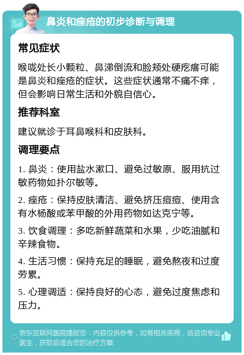 鼻炎和痤疮的初步诊断与调理 常见症状 喉咙处长小颗粒、鼻涕倒流和脸颊处硬疙瘩可能是鼻炎和痤疮的症状。这些症状通常不痛不痒，但会影响日常生活和外貌自信心。 推荐科室 建议就诊于耳鼻喉科和皮肤科。 调理要点 1. 鼻炎：使用盐水漱口、避免过敏原、服用抗过敏药物如扑尔敏等。 2. 痤疮：保持皮肤清洁、避免挤压痘痘、使用含有水杨酸或苯甲酸的外用药物如达克宁等。 3. 饮食调理：多吃新鲜蔬菜和水果，少吃油腻和辛辣食物。 4. 生活习惯：保持充足的睡眠，避免熬夜和过度劳累。 5. 心理调适：保持良好的心态，避免过度焦虑和压力。