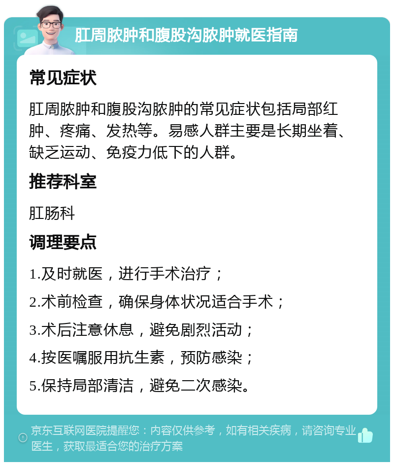 肛周脓肿和腹股沟脓肿就医指南 常见症状 肛周脓肿和腹股沟脓肿的常见症状包括局部红肿、疼痛、发热等。易感人群主要是长期坐着、缺乏运动、免疫力低下的人群。 推荐科室 肛肠科 调理要点 1.及时就医，进行手术治疗； 2.术前检查，确保身体状况适合手术； 3.术后注意休息，避免剧烈活动； 4.按医嘱服用抗生素，预防感染； 5.保持局部清洁，避免二次感染。