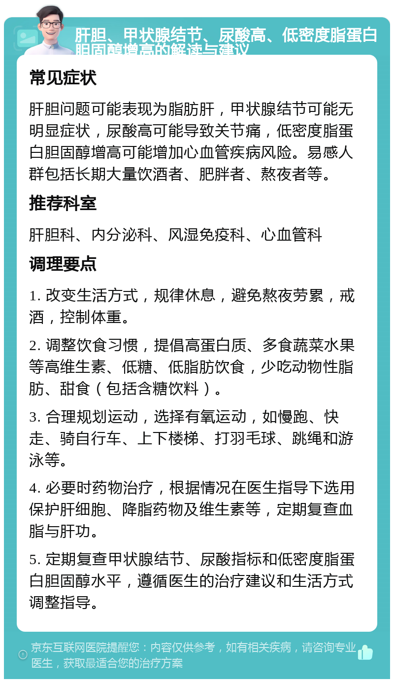 肝胆、甲状腺结节、尿酸高、低密度脂蛋白胆固醇增高的解读与建议 常见症状 肝胆问题可能表现为脂肪肝，甲状腺结节可能无明显症状，尿酸高可能导致关节痛，低密度脂蛋白胆固醇增高可能增加心血管疾病风险。易感人群包括长期大量饮酒者、肥胖者、熬夜者等。 推荐科室 肝胆科、内分泌科、风湿免疫科、心血管科 调理要点 1. 改变生活方式，规律休息，避免熬夜劳累，戒酒，控制体重。 2. 调整饮食习惯，提倡高蛋白质、多食蔬菜水果等高维生素、低糖、低脂肪饮食，少吃动物性脂肪、甜食（包括含糖饮料）。 3. 合理规划运动，选择有氧运动，如慢跑、快走、骑自行车、上下楼梯、打羽毛球、跳绳和游泳等。 4. 必要时药物治疗，根据情况在医生指导下选用保护肝细胞、降脂药物及维生素等，定期复查血脂与肝功。 5. 定期复查甲状腺结节、尿酸指标和低密度脂蛋白胆固醇水平，遵循医生的治疗建议和生活方式调整指导。