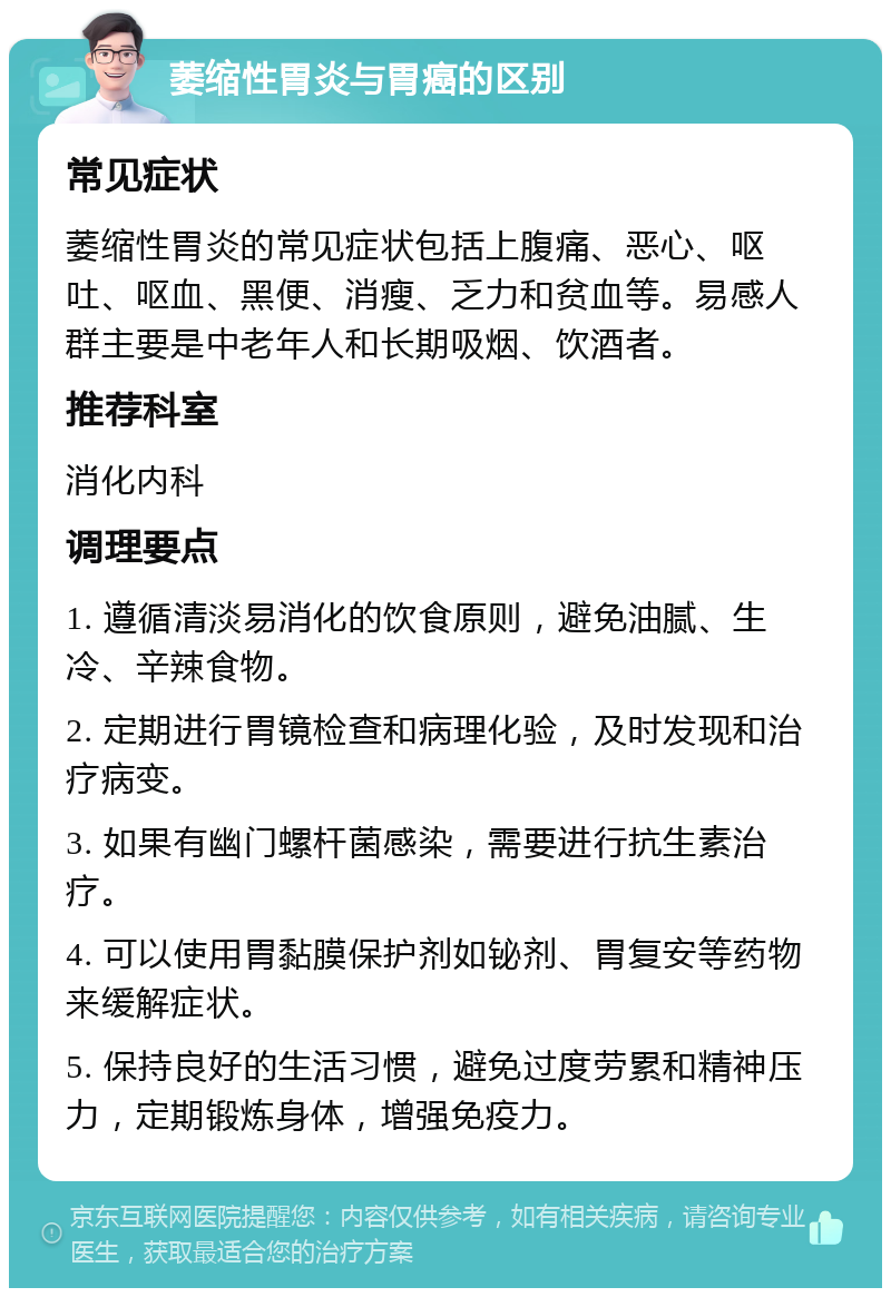 萎缩性胃炎与胃癌的区别 常见症状 萎缩性胃炎的常见症状包括上腹痛、恶心、呕吐、呕血、黑便、消瘦、乏力和贫血等。易感人群主要是中老年人和长期吸烟、饮酒者。 推荐科室 消化内科 调理要点 1. 遵循清淡易消化的饮食原则，避免油腻、生冷、辛辣食物。 2. 定期进行胃镜检查和病理化验，及时发现和治疗病变。 3. 如果有幽门螺杆菌感染，需要进行抗生素治疗。 4. 可以使用胃黏膜保护剂如铋剂、胃复安等药物来缓解症状。 5. 保持良好的生活习惯，避免过度劳累和精神压力，定期锻炼身体，增强免疫力。