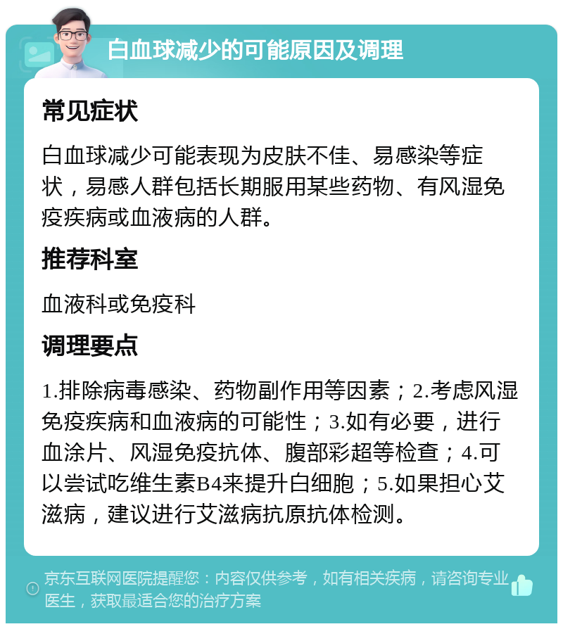 白血球减少的可能原因及调理 常见症状 白血球减少可能表现为皮肤不佳、易感染等症状，易感人群包括长期服用某些药物、有风湿免疫疾病或血液病的人群。 推荐科室 血液科或免疫科 调理要点 1.排除病毒感染、药物副作用等因素；2.考虑风湿免疫疾病和血液病的可能性；3.如有必要，进行血涂片、风湿免疫抗体、腹部彩超等检查；4.可以尝试吃维生素B4来提升白细胞；5.如果担心艾滋病，建议进行艾滋病抗原抗体检测。