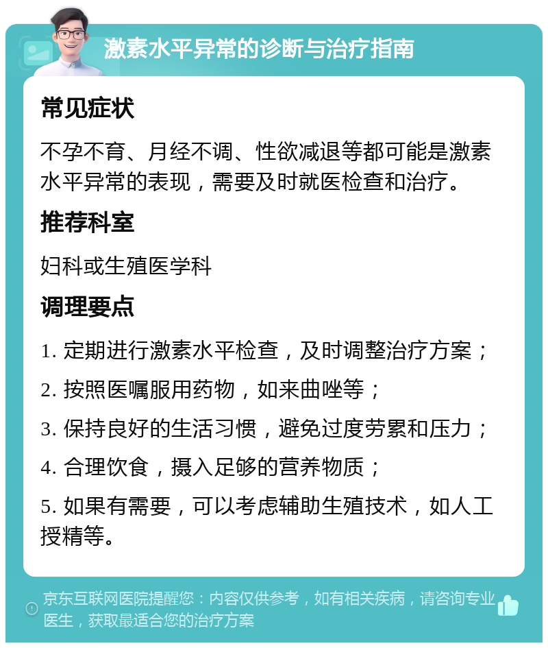 激素水平异常的诊断与治疗指南 常见症状 不孕不育、月经不调、性欲减退等都可能是激素水平异常的表现，需要及时就医检查和治疗。 推荐科室 妇科或生殖医学科 调理要点 1. 定期进行激素水平检查，及时调整治疗方案； 2. 按照医嘱服用药物，如来曲唑等； 3. 保持良好的生活习惯，避免过度劳累和压力； 4. 合理饮食，摄入足够的营养物质； 5. 如果有需要，可以考虑辅助生殖技术，如人工授精等。