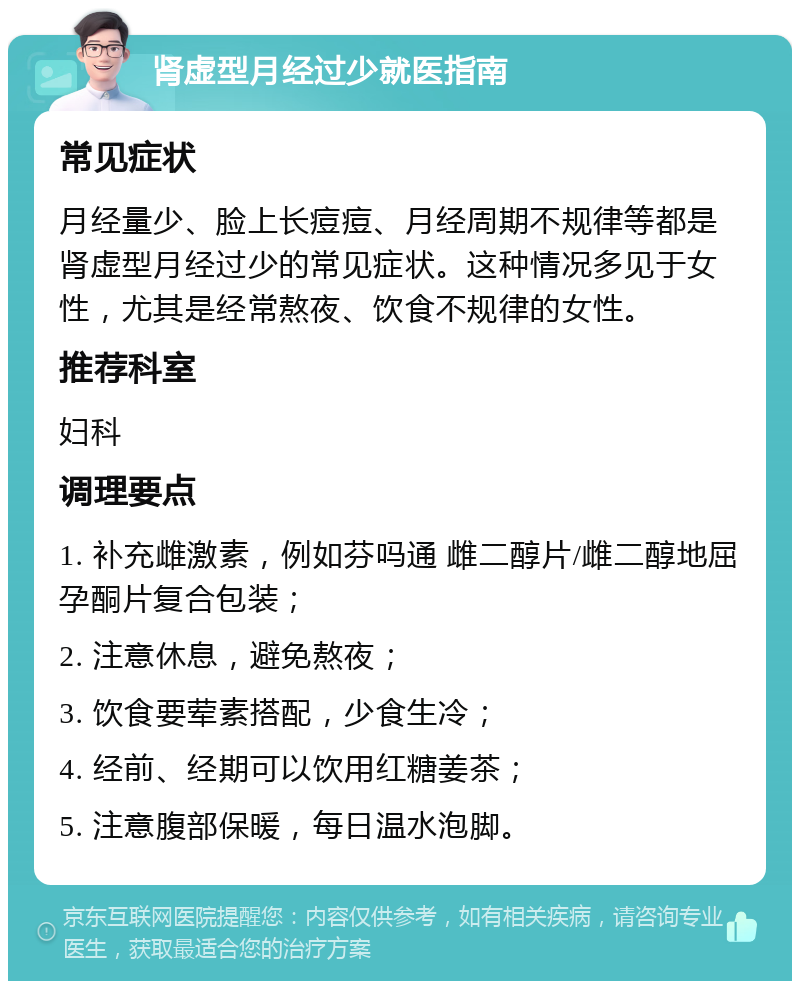 肾虚型月经过少就医指南 常见症状 月经量少、脸上长痘痘、月经周期不规律等都是肾虚型月经过少的常见症状。这种情况多见于女性，尤其是经常熬夜、饮食不规律的女性。 推荐科室 妇科 调理要点 1. 补充雌激素，例如芬吗通 雌二醇片/雌二醇地屈孕酮片复合包装； 2. 注意休息，避免熬夜； 3. 饮食要荤素搭配，少食生冷； 4. 经前、经期可以饮用红糖姜茶； 5. 注意腹部保暖，每日温水泡脚。