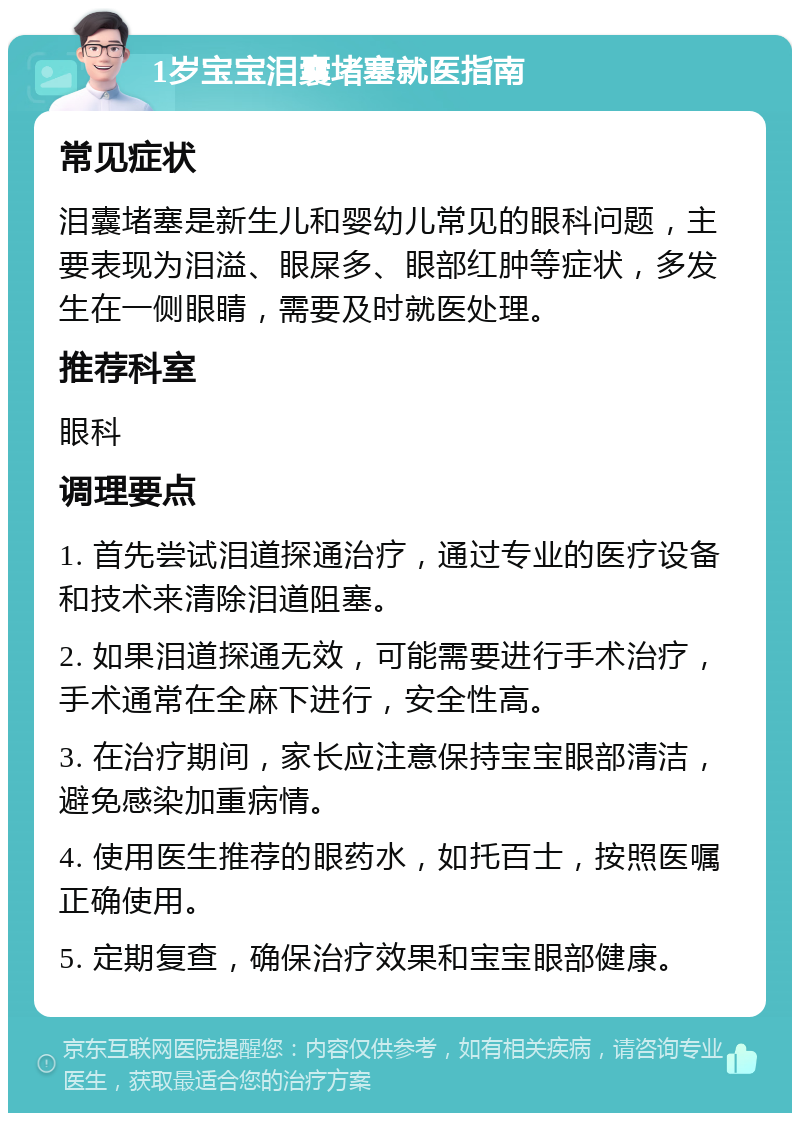 1岁宝宝泪囊堵塞就医指南 常见症状 泪囊堵塞是新生儿和婴幼儿常见的眼科问题，主要表现为泪溢、眼屎多、眼部红肿等症状，多发生在一侧眼睛，需要及时就医处理。 推荐科室 眼科 调理要点 1. 首先尝试泪道探通治疗，通过专业的医疗设备和技术来清除泪道阻塞。 2. 如果泪道探通无效，可能需要进行手术治疗，手术通常在全麻下进行，安全性高。 3. 在治疗期间，家长应注意保持宝宝眼部清洁，避免感染加重病情。 4. 使用医生推荐的眼药水，如托百士，按照医嘱正确使用。 5. 定期复查，确保治疗效果和宝宝眼部健康。