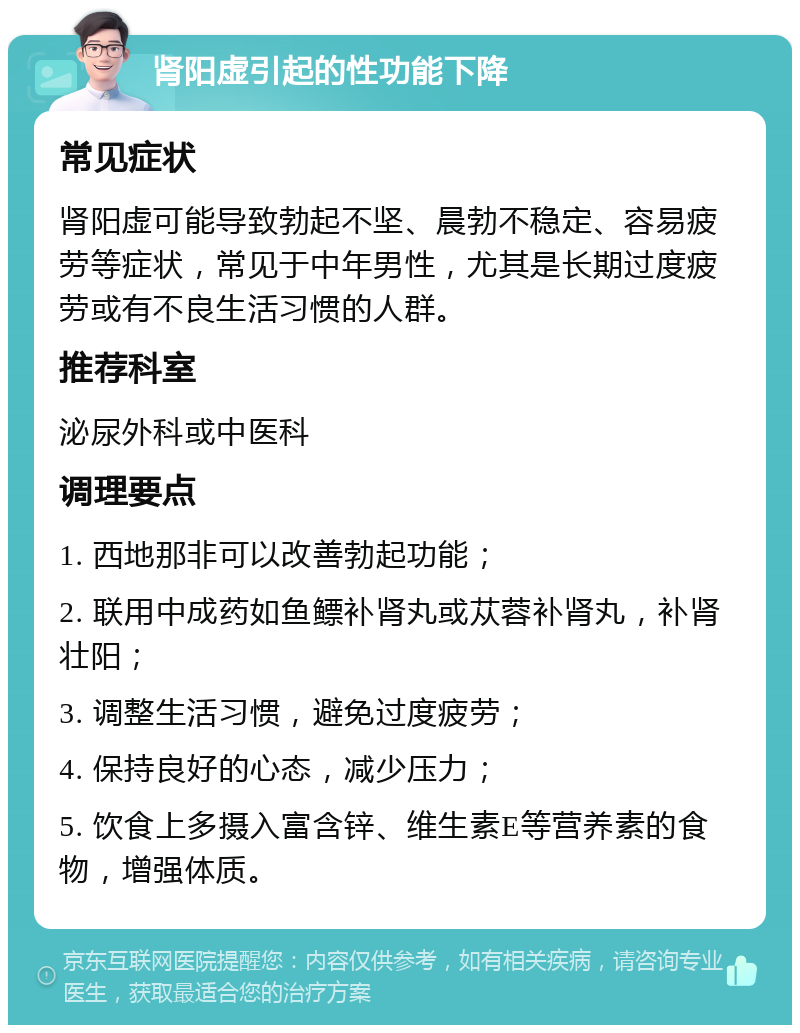 肾阳虚引起的性功能下降 常见症状 肾阳虚可能导致勃起不坚、晨勃不稳定、容易疲劳等症状，常见于中年男性，尤其是长期过度疲劳或有不良生活习惯的人群。 推荐科室 泌尿外科或中医科 调理要点 1. 西地那非可以改善勃起功能； 2. 联用中成药如鱼鳔补肾丸或苁蓉补肾丸，补肾壮阳； 3. 调整生活习惯，避免过度疲劳； 4. 保持良好的心态，减少压力； 5. 饮食上多摄入富含锌、维生素E等营养素的食物，增强体质。