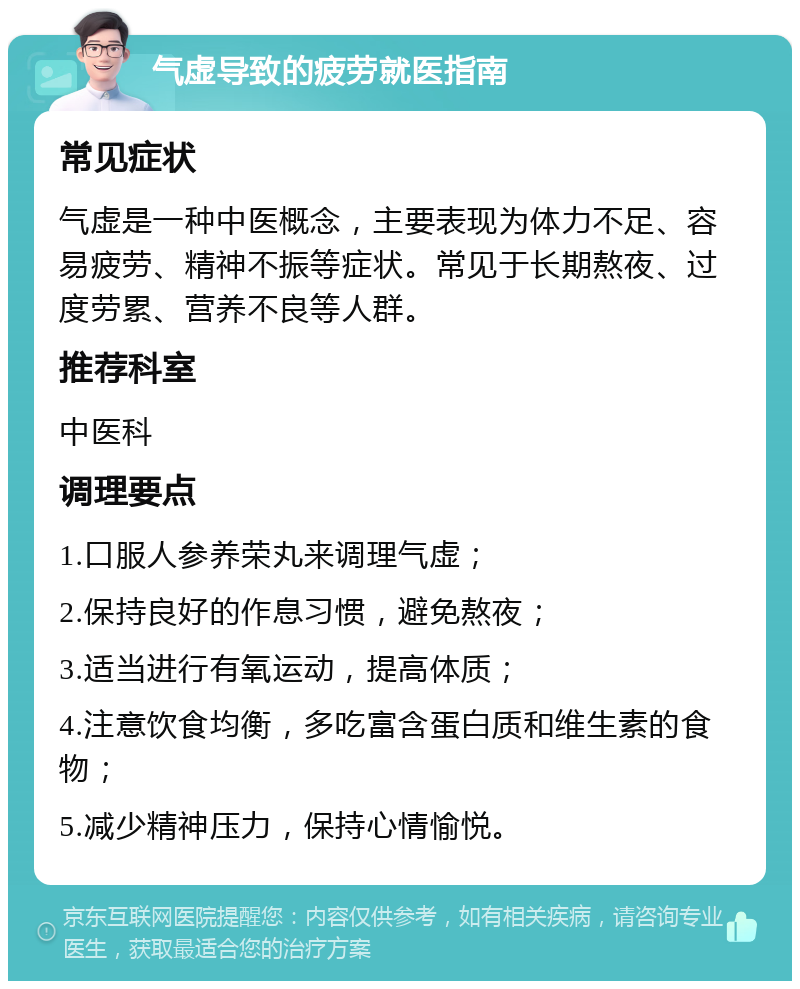 气虚导致的疲劳就医指南 常见症状 气虚是一种中医概念，主要表现为体力不足、容易疲劳、精神不振等症状。常见于长期熬夜、过度劳累、营养不良等人群。 推荐科室 中医科 调理要点 1.口服人参养荣丸来调理气虚； 2.保持良好的作息习惯，避免熬夜； 3.适当进行有氧运动，提高体质； 4.注意饮食均衡，多吃富含蛋白质和维生素的食物； 5.减少精神压力，保持心情愉悦。