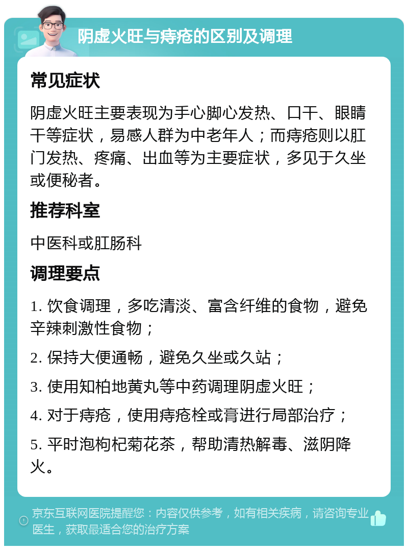 阴虚火旺与痔疮的区别及调理 常见症状 阴虚火旺主要表现为手心脚心发热、口干、眼睛干等症状，易感人群为中老年人；而痔疮则以肛门发热、疼痛、出血等为主要症状，多见于久坐或便秘者。 推荐科室 中医科或肛肠科 调理要点 1. 饮食调理，多吃清淡、富含纤维的食物，避免辛辣刺激性食物； 2. 保持大便通畅，避免久坐或久站； 3. 使用知柏地黄丸等中药调理阴虚火旺； 4. 对于痔疮，使用痔疮栓或膏进行局部治疗； 5. 平时泡枸杞菊花茶，帮助清热解毒、滋阴降火。